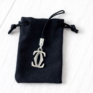 Cartier 2C Logo Phone Charm Keychain Silver Tone Black Strap Y2K Rare